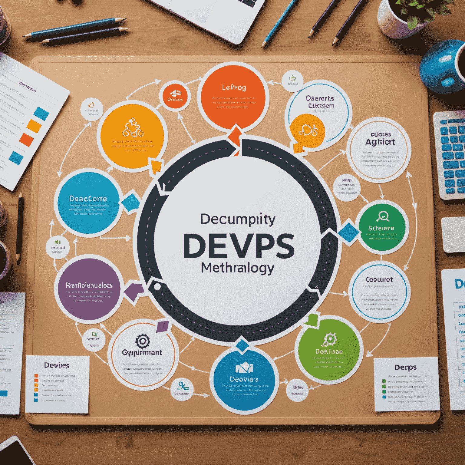 Obraz przedstawiający diagram cyklu DevOps i tablicę Scrum, symbolizujący kursy DevOps i metodologii Agile